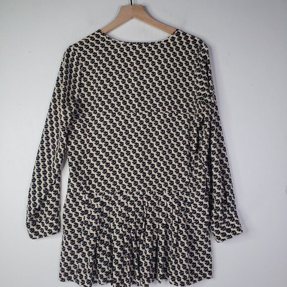 Maeve Button Front Peplum Bird Print Blouse S Tie Waist Black Ivory Pleated - Picture 8 of 9